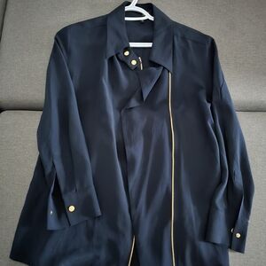 Escada Navy Long Sleeve Blouse with Gold Trim